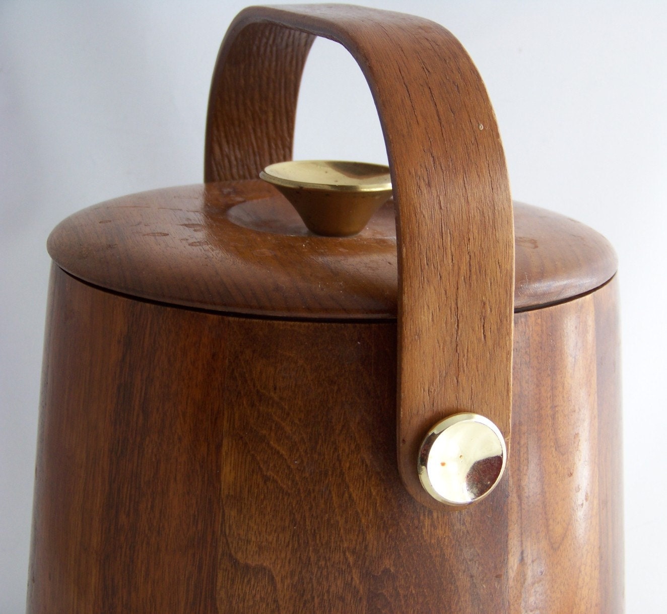 Vintage Mid Century Modern Solid Walnut Ice Bucket with Brass Toned Accents