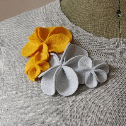 Small Blossom Corsage Brooch, warm yellow and grey, felt