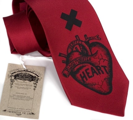 Heart Attack screenprinted necktie, black ink on burgundy microfiber