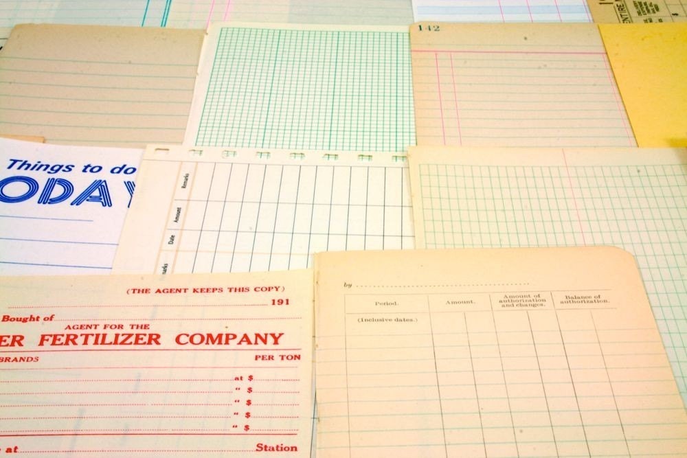 34 Vintage Assorted Accounting Ledger Book Pages for Collages/Mixed Media/Scrapbooking