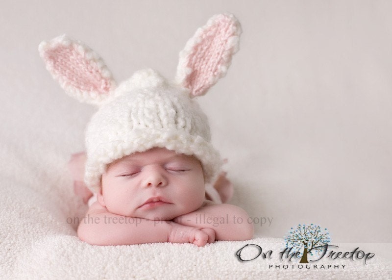 Custom Made Easter Bunny Hat with Adorable White and Pink Bunny Ears for Baby and Newborn - Photography Prop