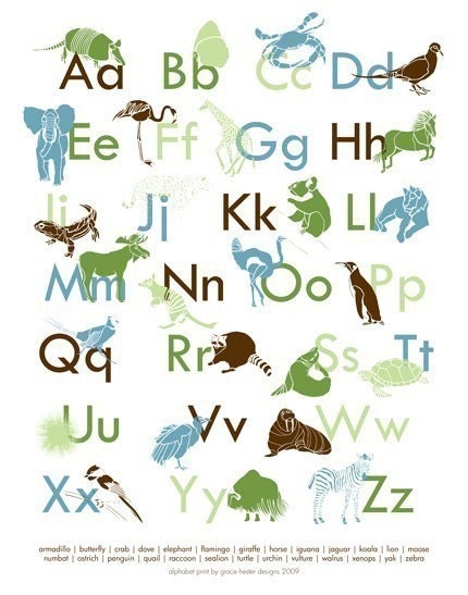 Modern Alphabet Print 11 X 14 Featuring Animal Silhouette Shapes with Names