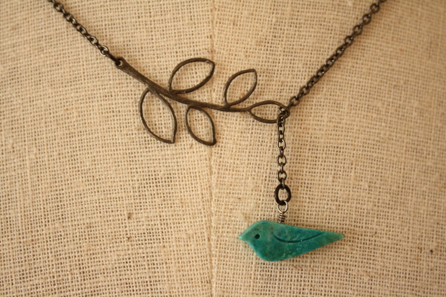 Carved Blue Birdie and Leaf Lariat with Gunmetal Chain