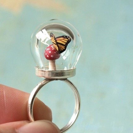 Tiny Woodland Terrarium Toadstool Mushroom and Butterfly Ring