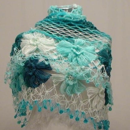 Turquoise
Flower Mohair Triangle Shawl