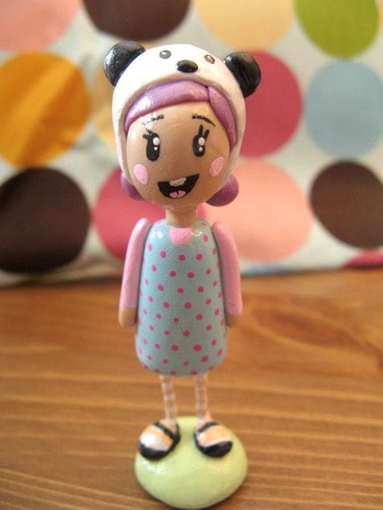 SALE- Kawaii Panda Hat Girl OOAK Polymer Clay Doll