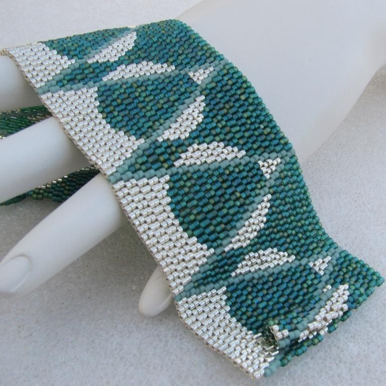 Dissections in Green and Silver Peyote Cuff (2460)