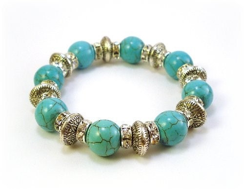 Stretchy Silver Turquoise Beaded Bracelet...Free Shipping