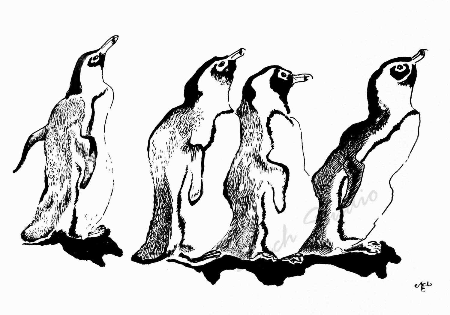 Ice Skating -
 original ink drawing print 8x10 cute penguins friends