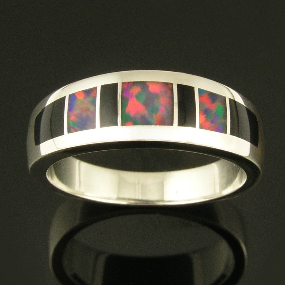 Womans sterling silver ring inlaid with red Gilson created opal and black 