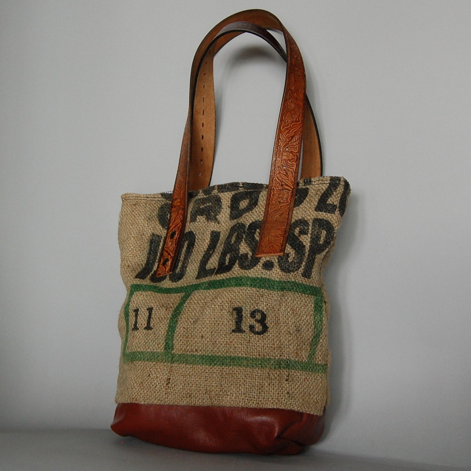 ECO FRIENDLY TOTE BAG - vintage burlap sack and leather