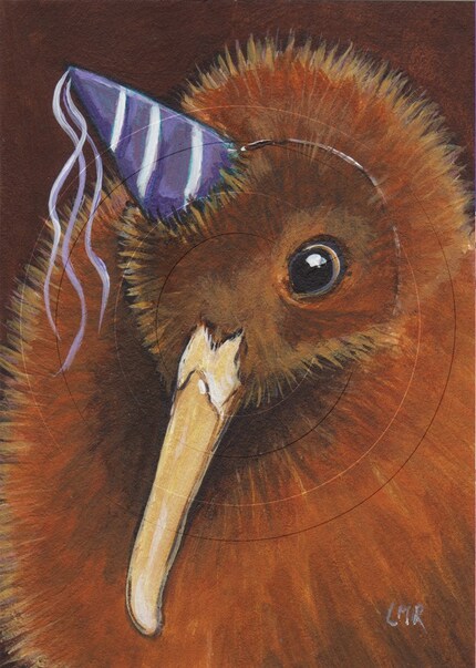 Original ACEO acrylic painting - KIWI in a Party Hat - BIRD ART