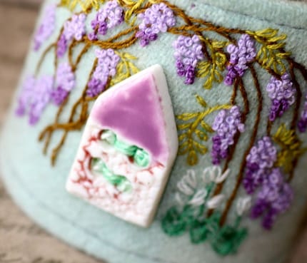 Hand Embroidery Wrist Cuff Wisteria Cottage Embroidered