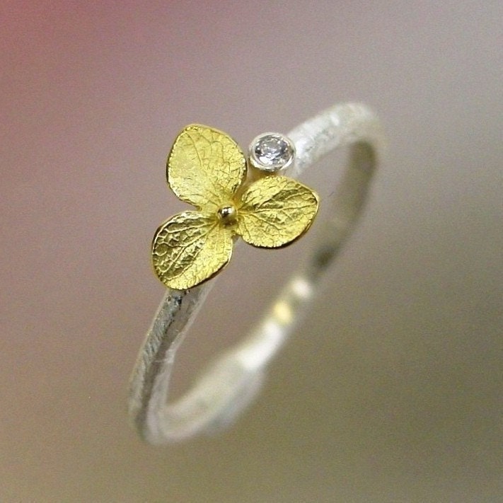 Hydrangea Blossom, Diamond Stacking Ring, Sterling Silver, 18k Gold Flower