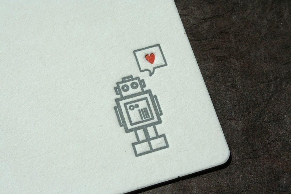Set of 12 - Letterpress Printed Robot with Heart Coasters