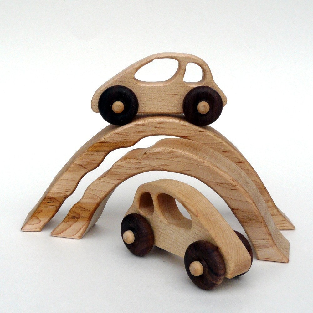 organic DRIVING TOY - two cars and two nesting bridge/tunnels wooden developmental set