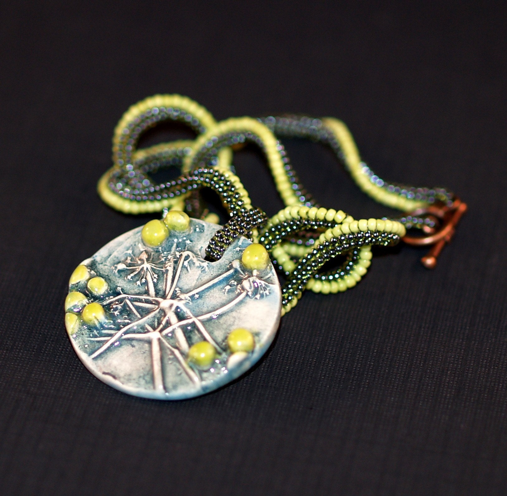 Cilantro Lime Twist - Artisan Ceramic Pendant on Ndebele Rope Necklace (3192)