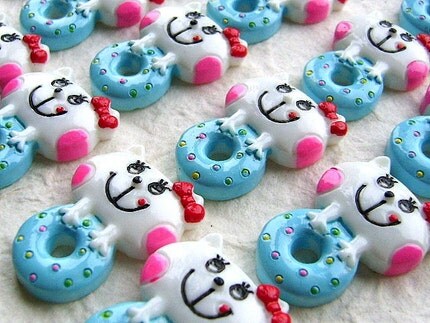 Kawaii Cute  Japanese Cabochons Cat And Doughnuts 20 pieces MINT BLUE and WHITE