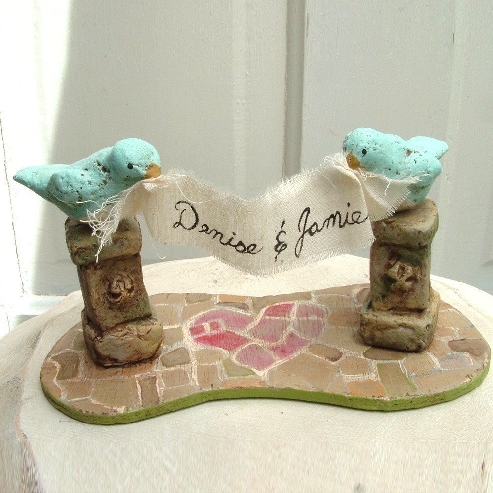 Love Birds in the Garden Cake Topper with Blue Birds
