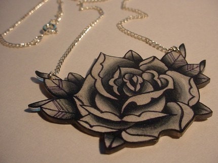 big vintage black and white surreal tattoo rose necklace 