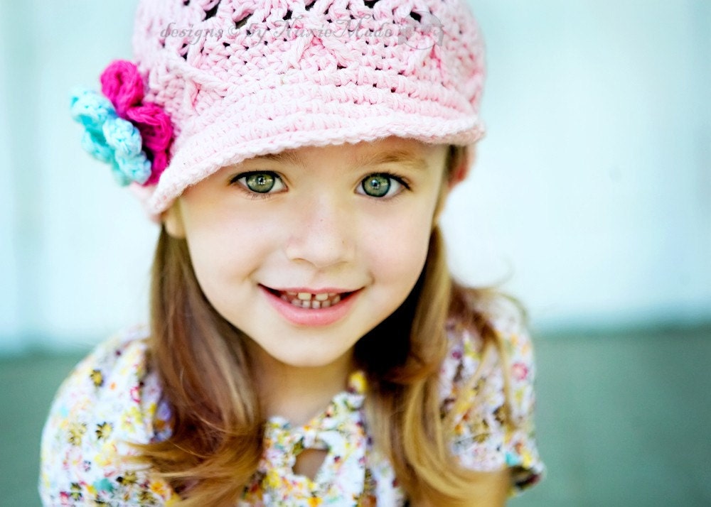 2T-4T Flower Beanie with Brim , pink, hot pink, robins egg blue, yellow