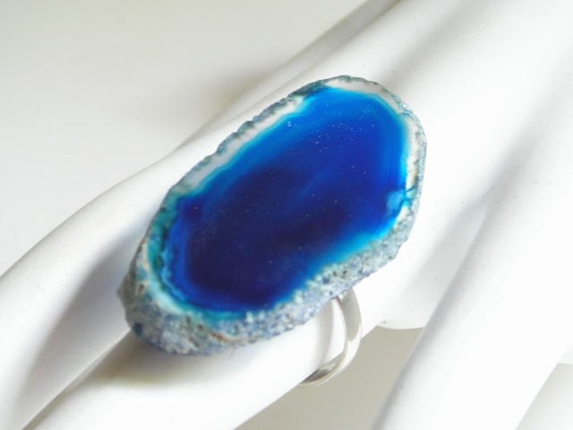 Royal Blue Agate Slice Ring Small Adjustable Silver by vandiva gemstone 