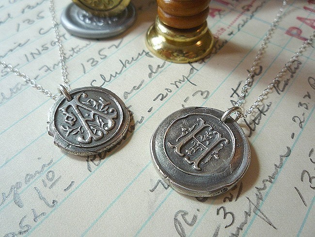 Wax Seal Monogram Fob Necklace  Fine Silver any Letter  Oxidised