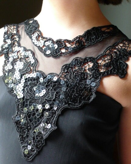 Clearance Sale - Black  Sequined  Mesh and Lace Applique for Altered Couture, Costume Design
