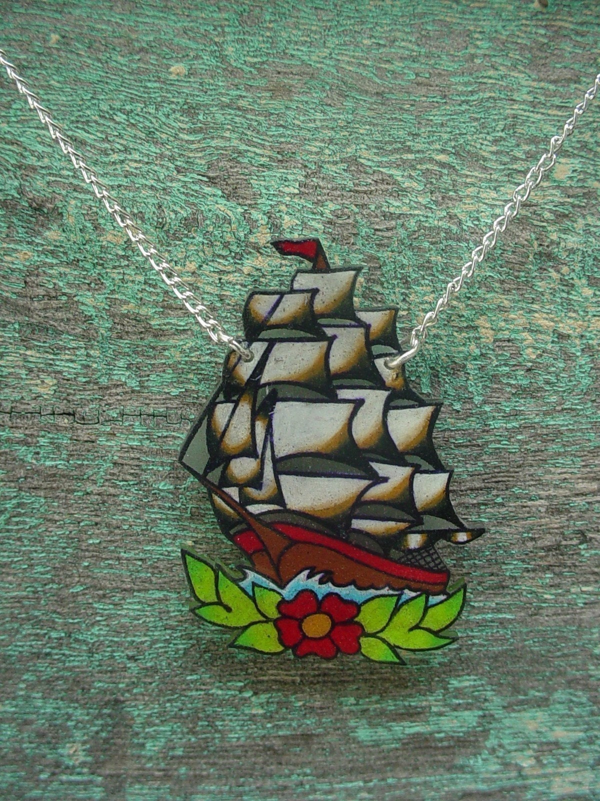 vintage tattoo sailor jerry inspired pirate ship necklace