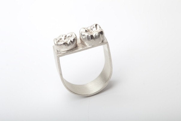 Sterling Silver and Two Cast Human Teeth Ring