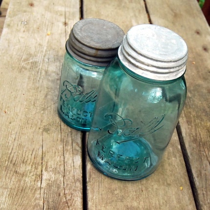 Two Vintage Ball Perfect Mason Aqua Jars, 1915-1933