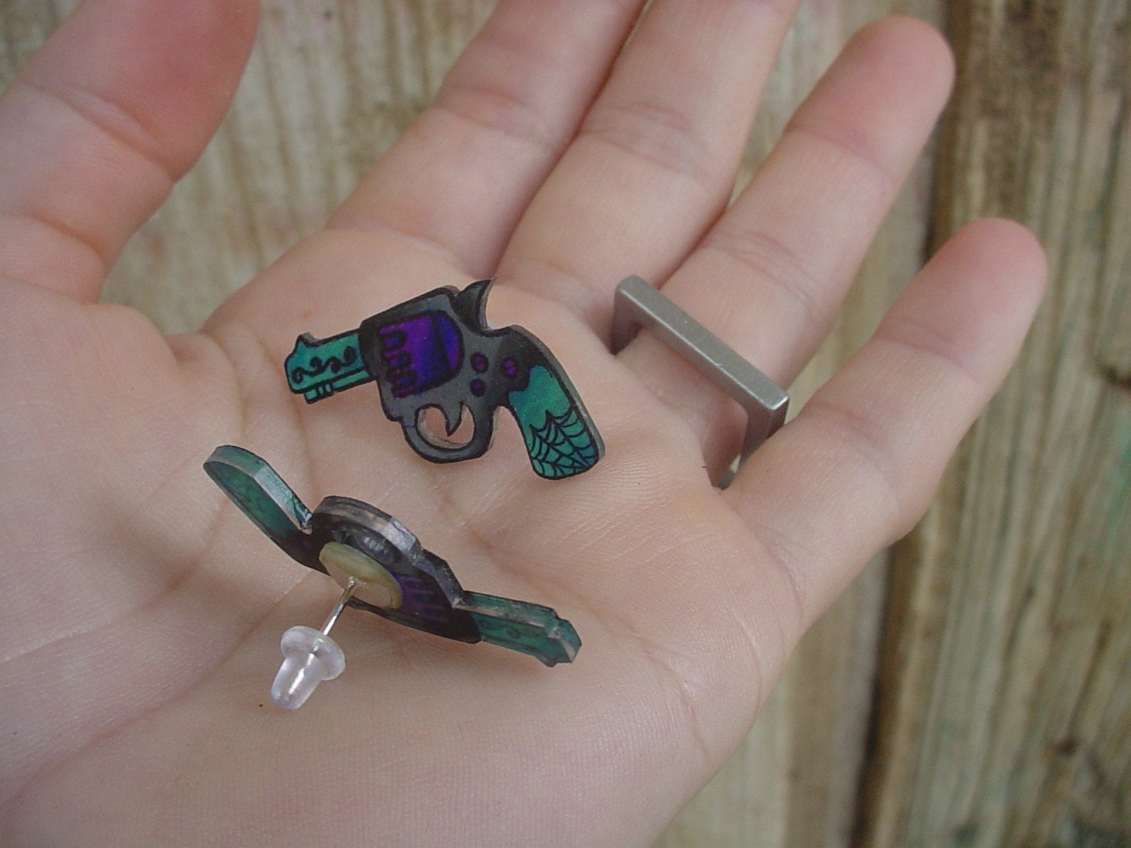 sweet little purple and teal tattoo pistol (nickel free) ear studs/posts