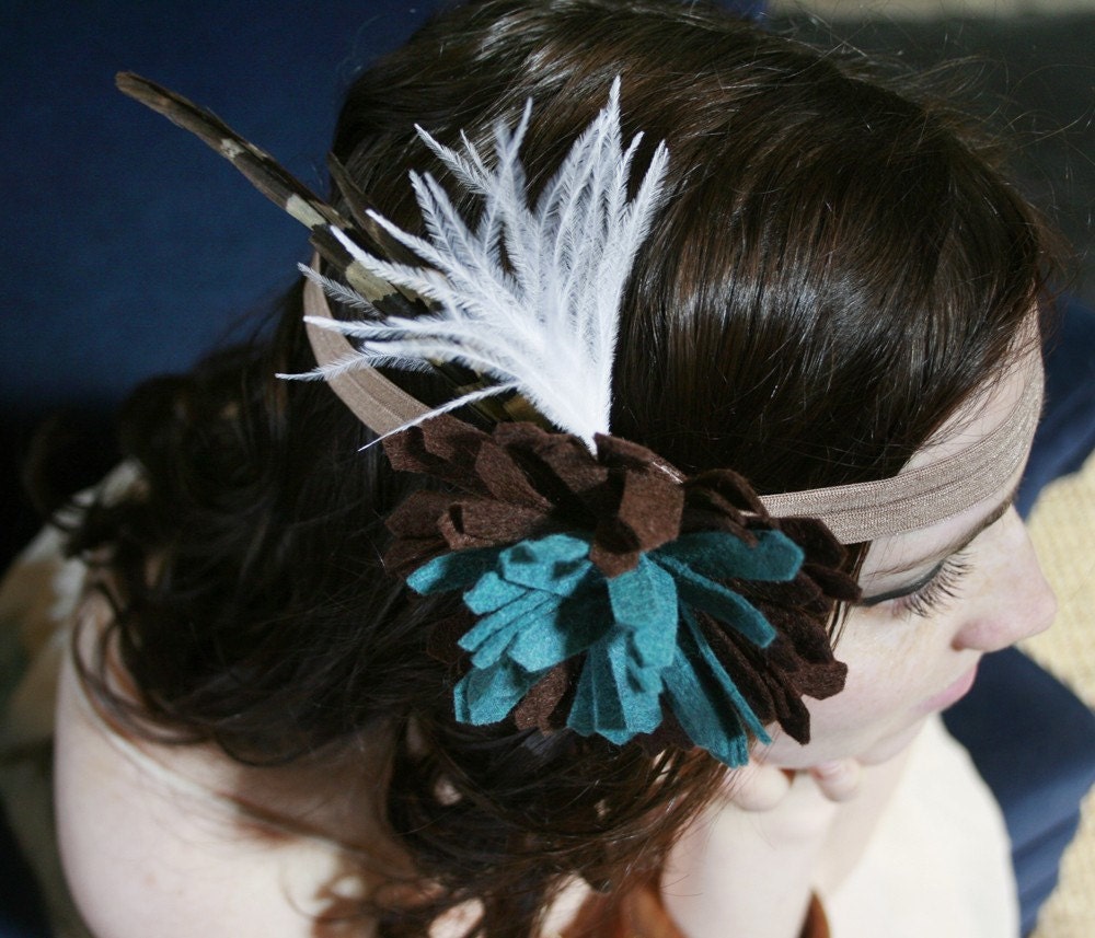 Leigh Headband with Teal and Brown WoolBlend Felt Flower Pheasant and 