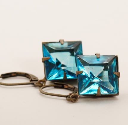 Vintage Glass Jewel Earrings - Deep Aqua Blue
