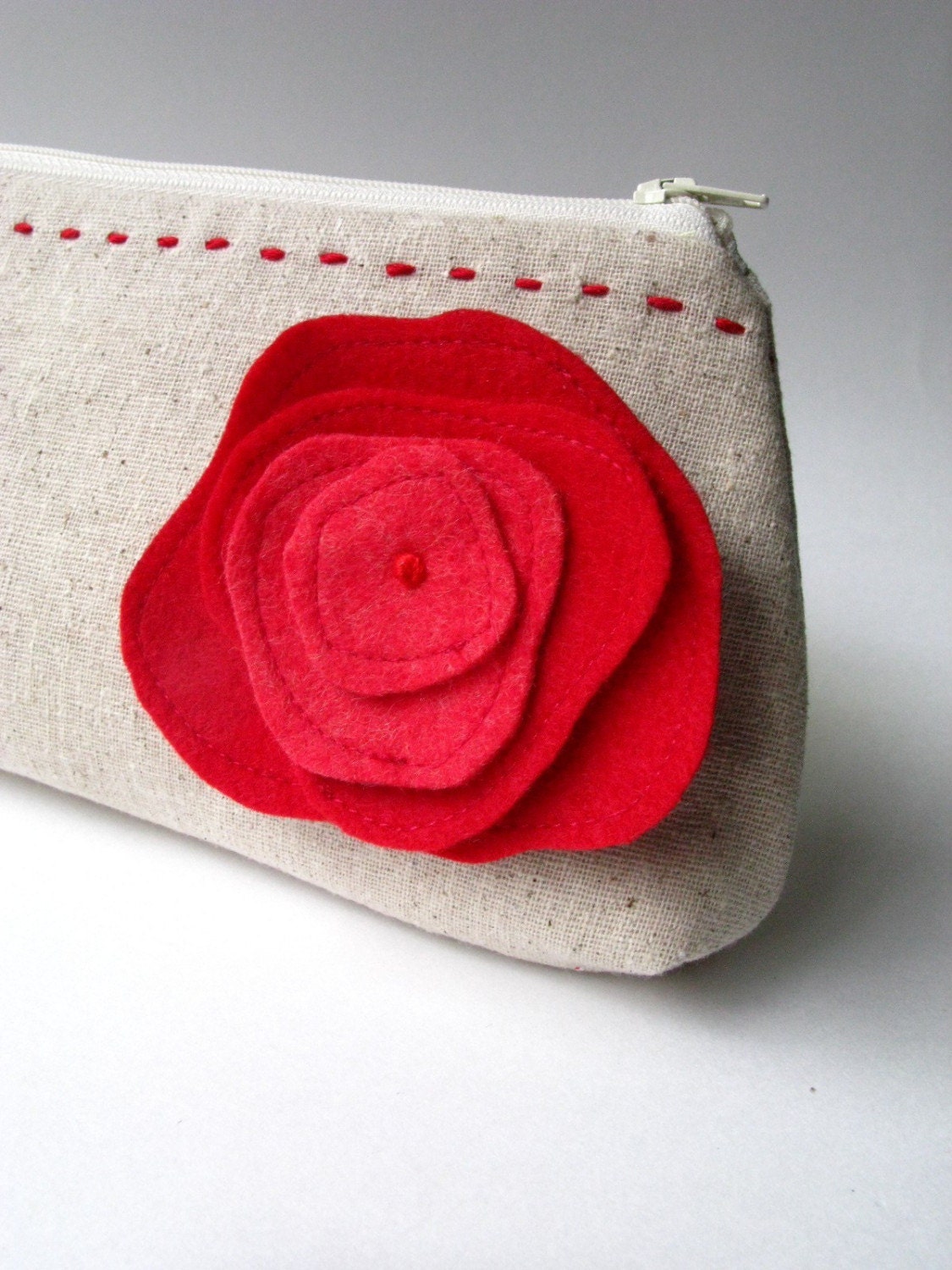 Zipper Clutch - Stitch on Natural Cotton with Red Poppy Brooch