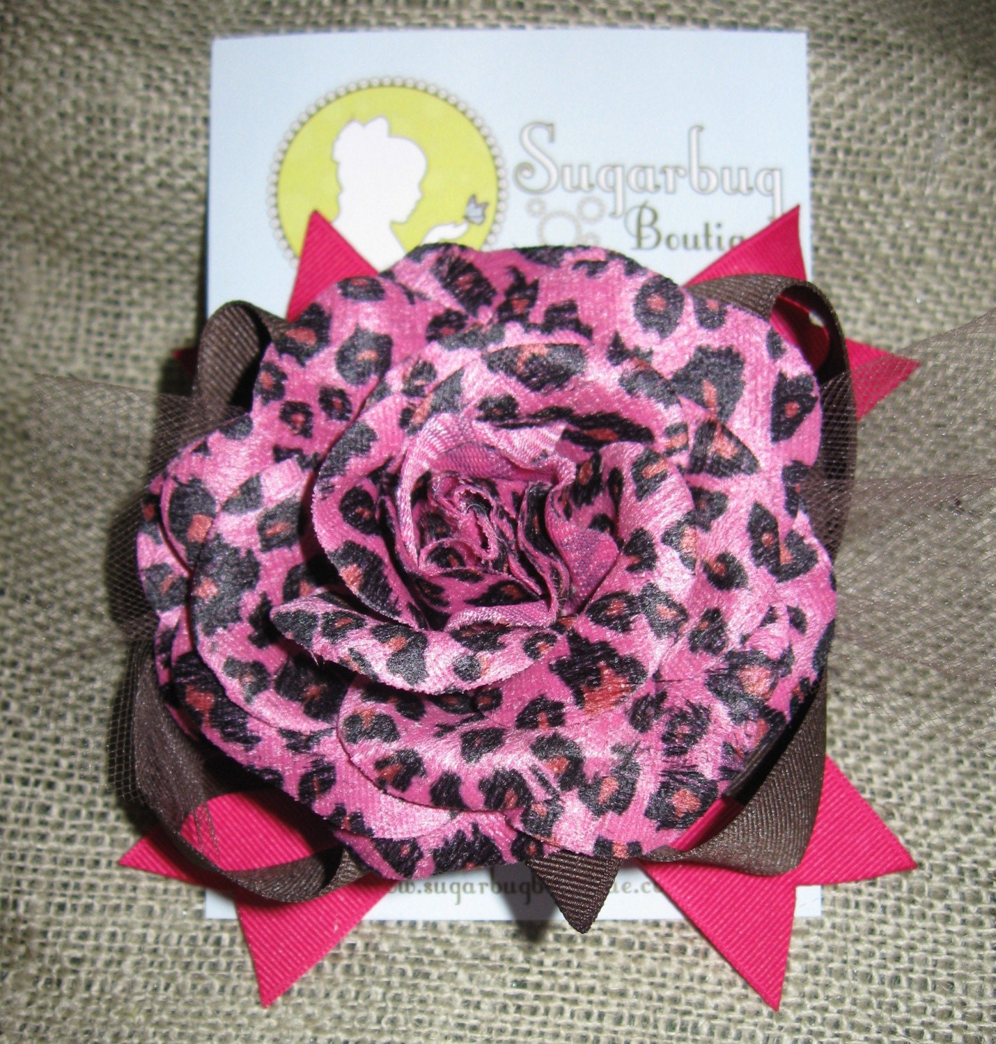 Chocolate Brown and Pink Leopard Bow with Flower