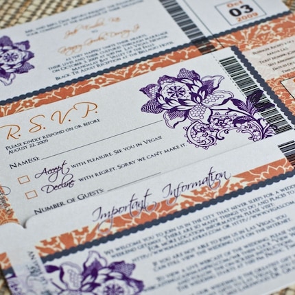 Deposit - Boarding Pass Invitation (Damask and Floral, Orange / Purple)