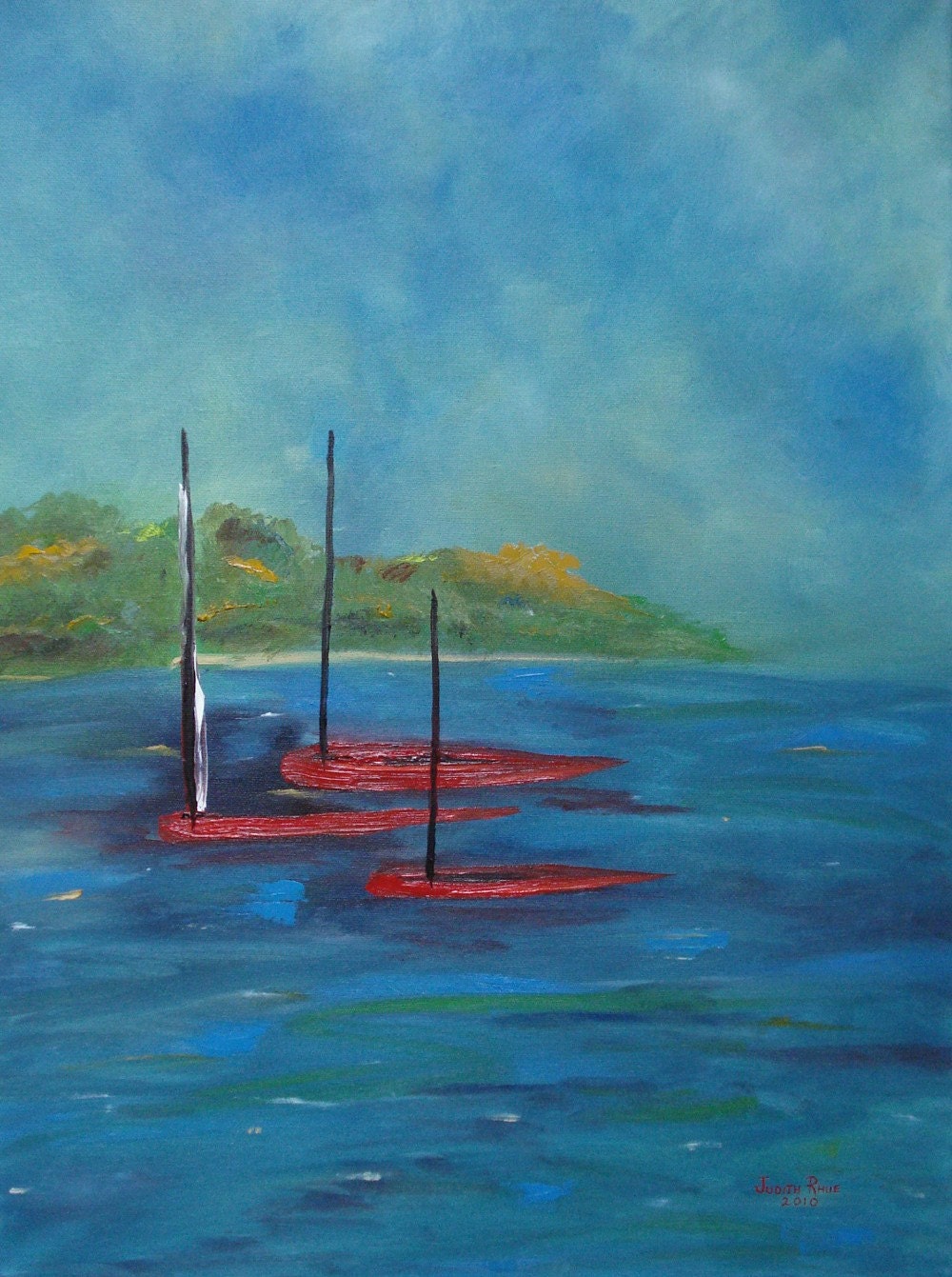 Original Oil
 Painting Lake Boats Entitled Red Boats 18 x 24 inches