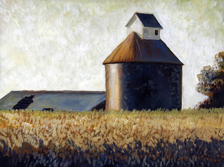 Midwestern Barn and Vintage Grain Silo At Harvest Time