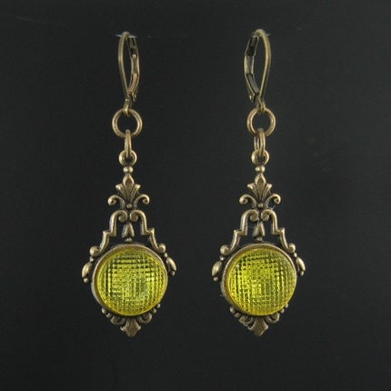 1920s yellow glass art deco button earrings