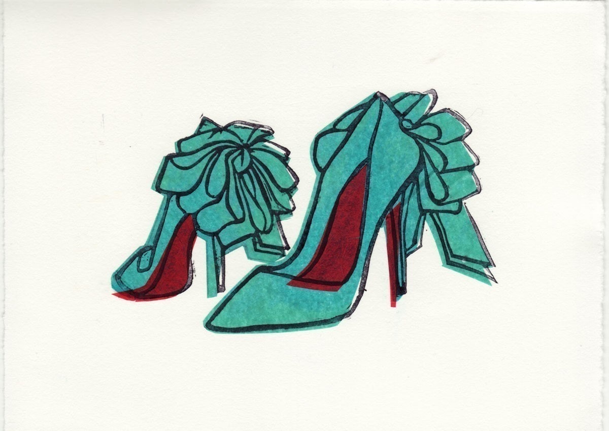 Christian Louboutin Anemone Bow shoes linocut block print