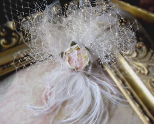 French Veil Romance - Wedding hair fascinator  with peony flower, bird cage, vintage feathers and pearls