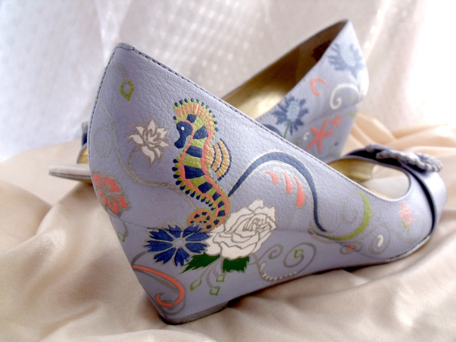 Custom Hand Painted 'Slight Summer Sea' Bridal Leather Peep-toe Wedges Matched to Fabric Swatch - OOAK