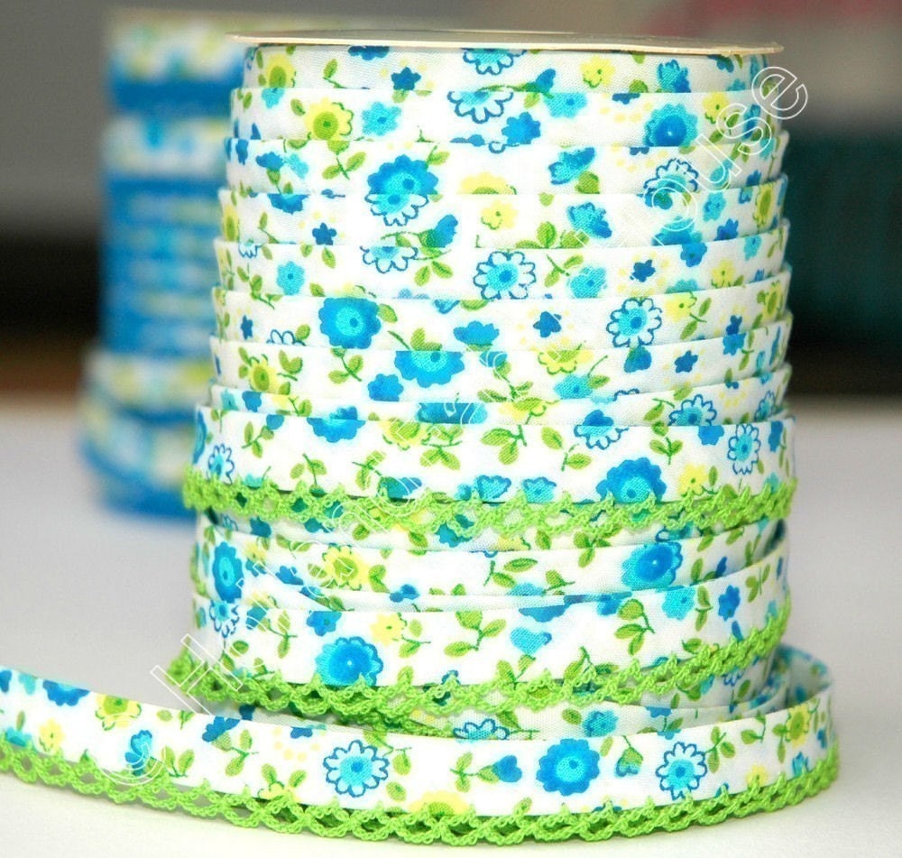 Bias Tape - Green Floral Cotton and Lace Double Fold