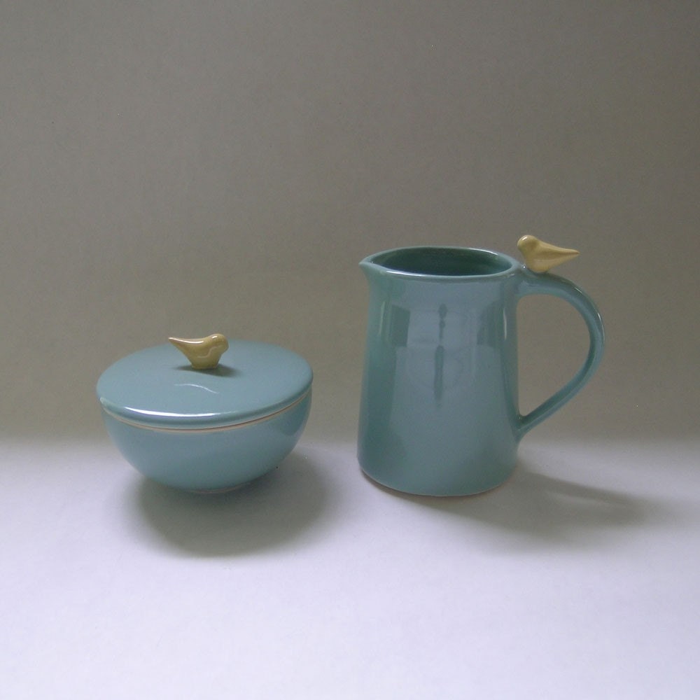 Bird Sugar and Creamer Ceramic Set in Robin Egg Blue