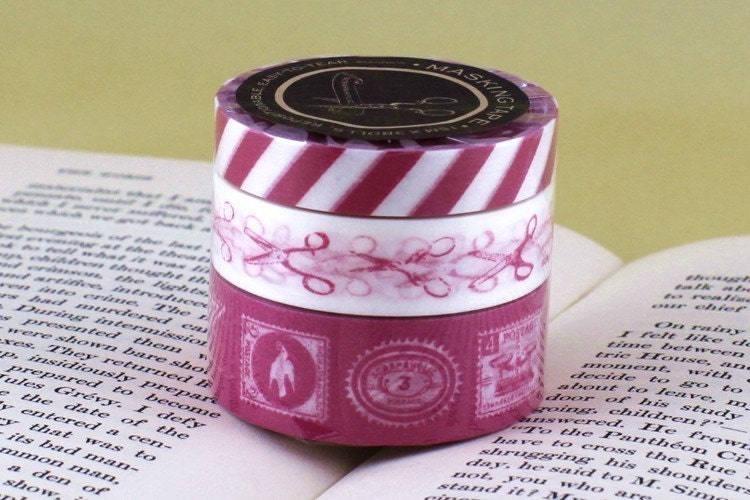 Airmail Tape, Scissors, Postage Stamps - PINK Japanese Washi Tape set of 3