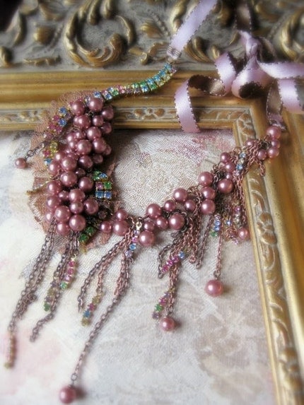 Pearls and Rhinestones Necklace Cascading Statement Jewelry