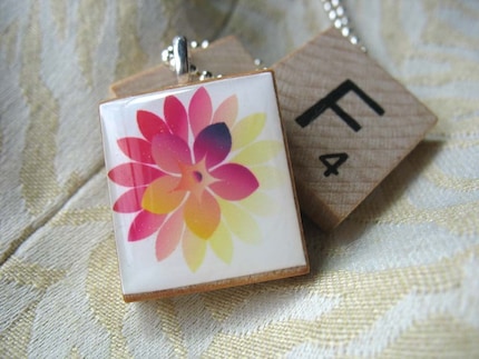 Scrabble Tile Pendant - Fushia and Yellow Flower