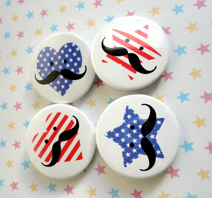 PATRIOTIC HEARTS AND STARS MUSTACHE BUTTON BADGES