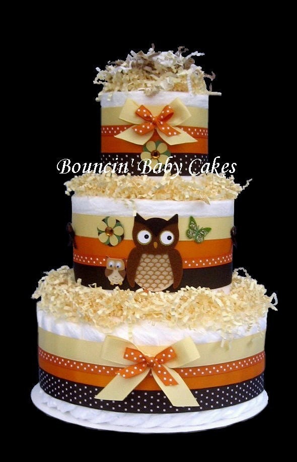 Little Hoot Momma and Baby Owl Neutral Diaper Cake Centerpiece